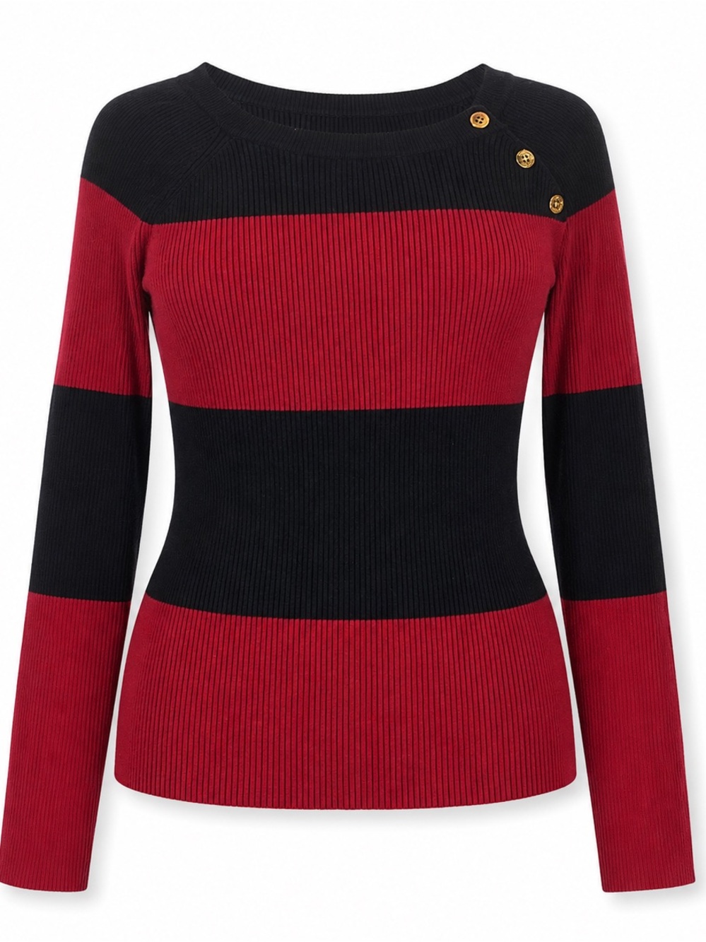 Lauren Ralph Lauren Red Black Striped Gold Button Sweater XL